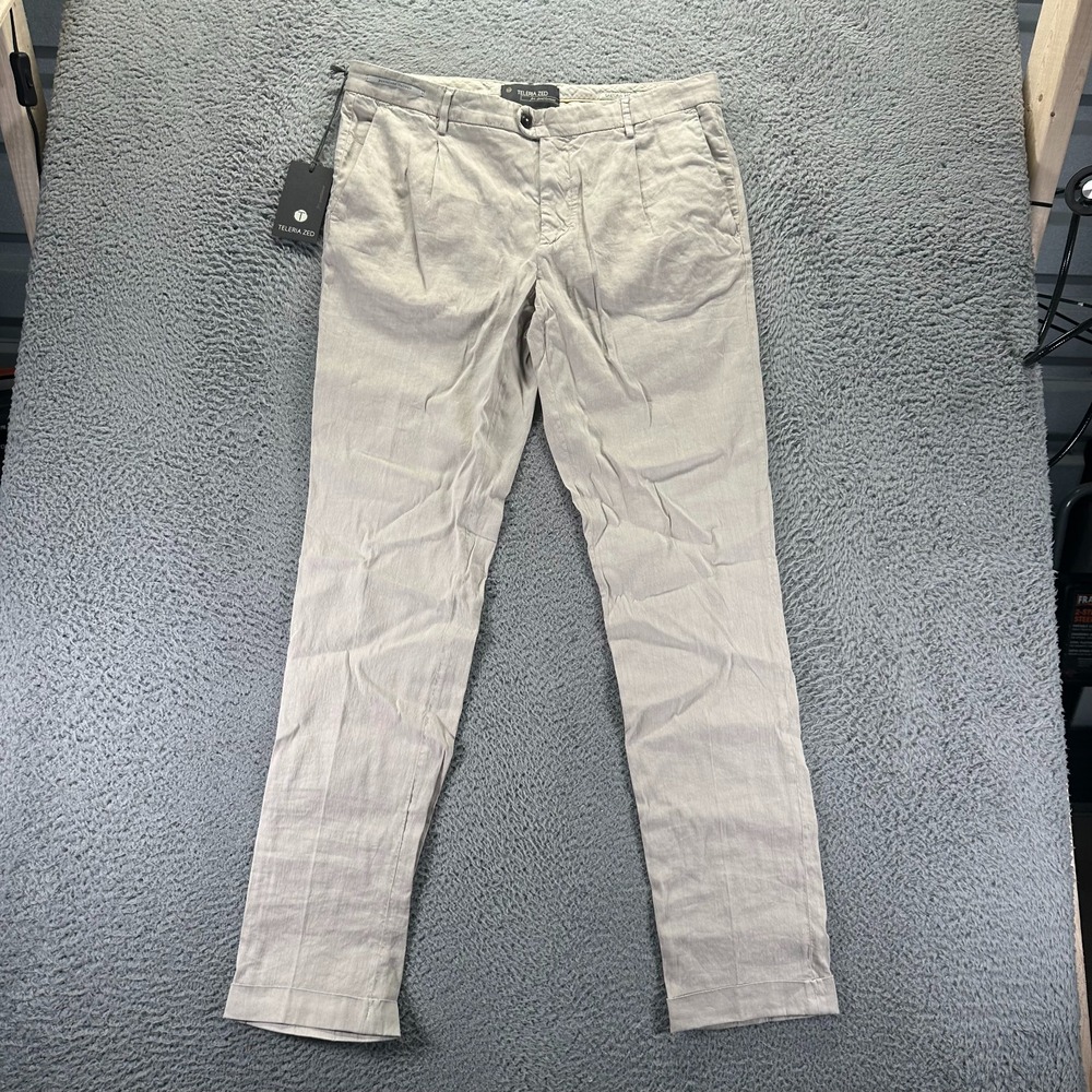 Teleria Zed Pant Mens 38x34 Beige Linen Chino Straight Preppy Business Stretch